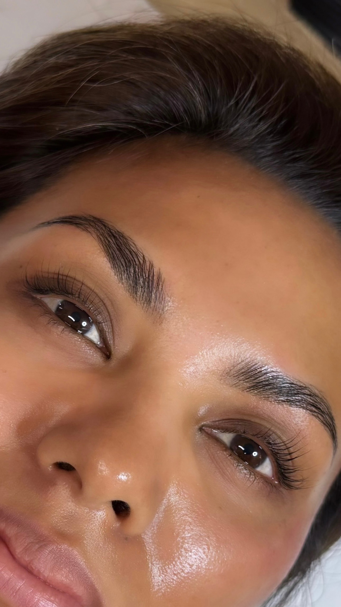 Completed brow lamination results showing fuller, beautifully shaped natural brows with a soft, brushed-up finish at The Pip Rx in Overland Park.