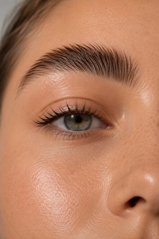 Completed brow lamination and Lash LIft results showing fuller, beautifully shaped natural brows with a soft, brushed-up finish at The Pip Rx in Overland Park.