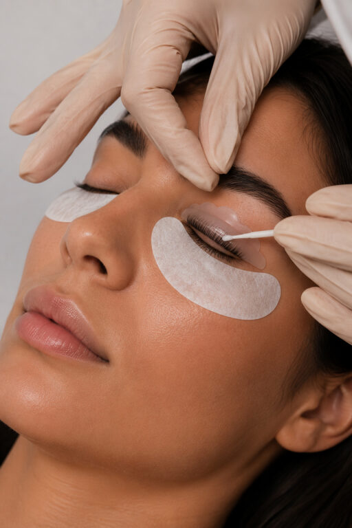 Esthetician performing a professional lash lift treatment on a client at The Pip Rx in Overland Park to enhance the natural lashes.