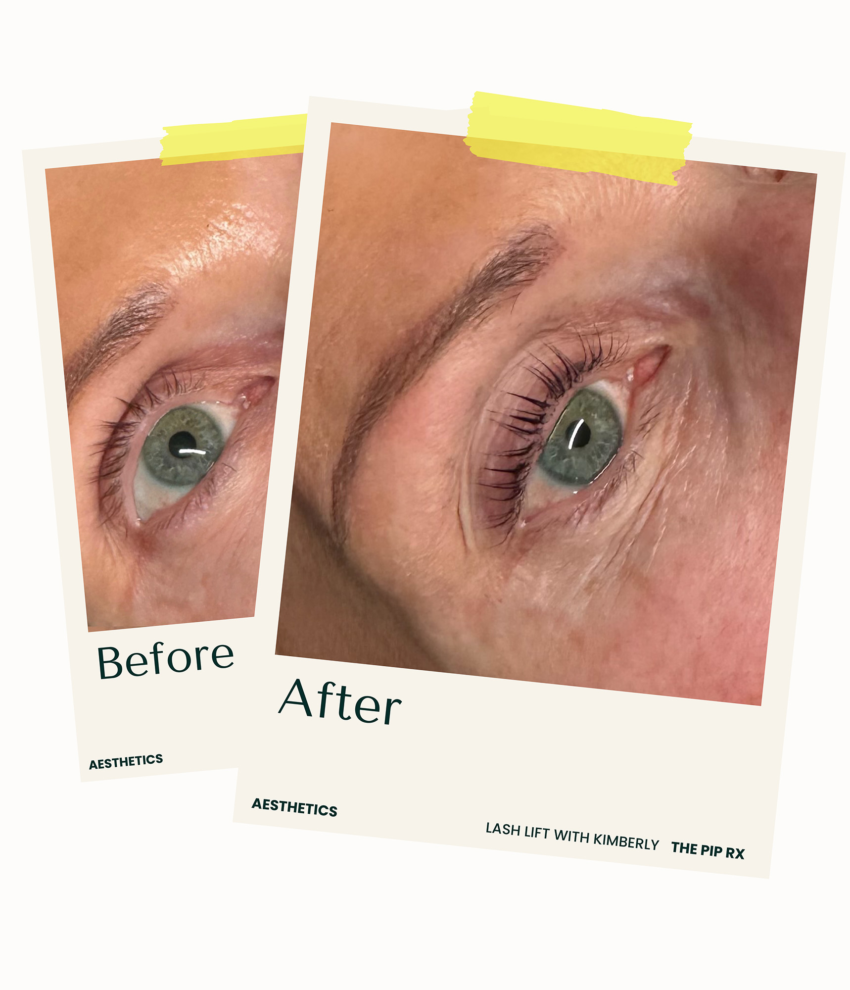 Before and after lash lift results showing natural lashes transformed with a gentle lift and curl for a longer, more defined, low-maintenance look at The Pip Rx in Overland Park.